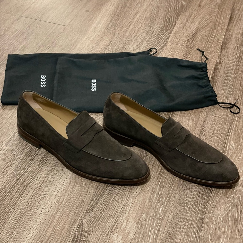 BOSS Men's Honord Apron Toe Penny Loafers italian suede, size 11.5 US (UK 10.5)